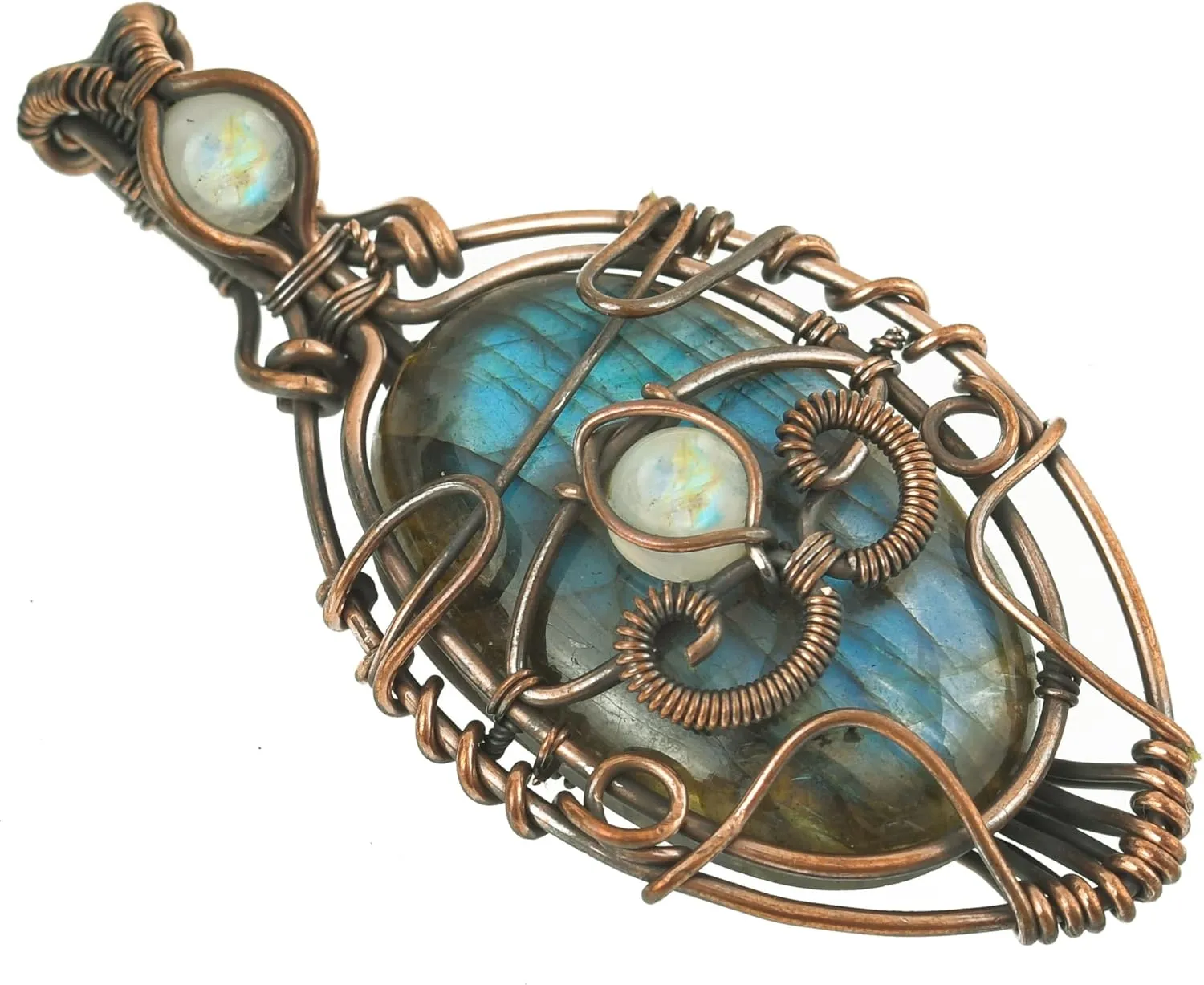Evil Eye Natural Labradorite & Moonstone Gemstone Pendant Copper Wire Wrapped Jewelry Necklace 18"
