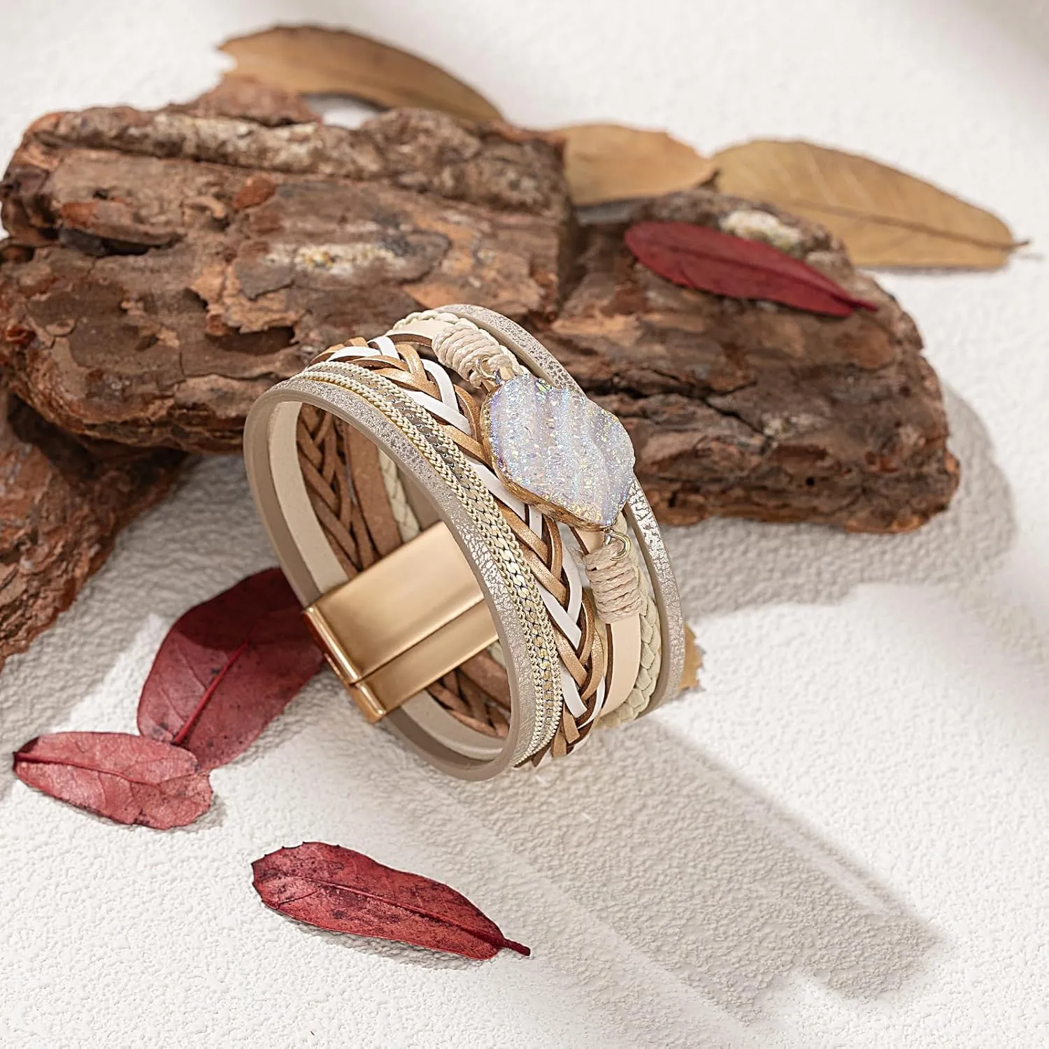 FANCY SHINY Braided Leather Bangle Bracelets Boho Resin Stone Wrap Bracelets Stackable Cuff Bracelets with Magnetic Clasp for Women