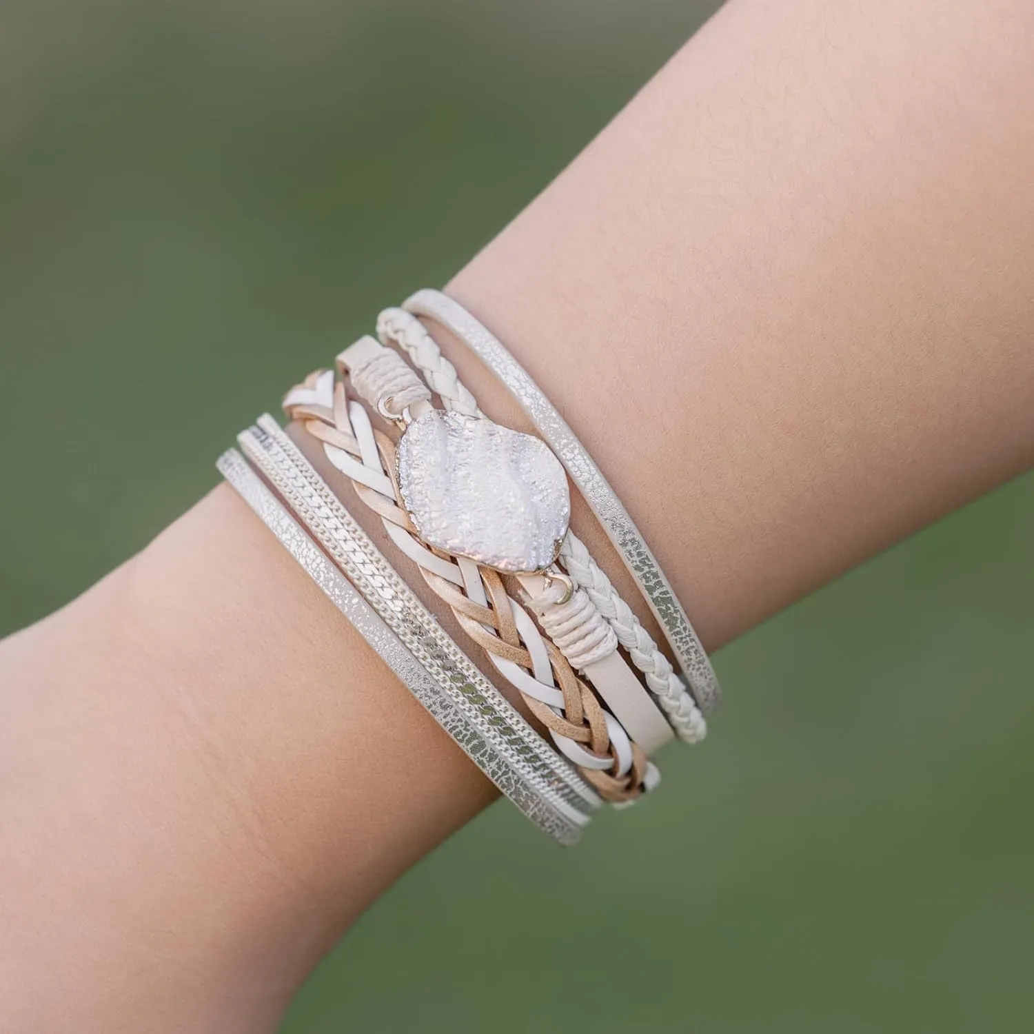 FANCY SHINY Braided Leather Bangle Bracelets Boho Resin Stone Wrap Bracelets Stackable Cuff Bracelets with Magnetic Clasp for Women