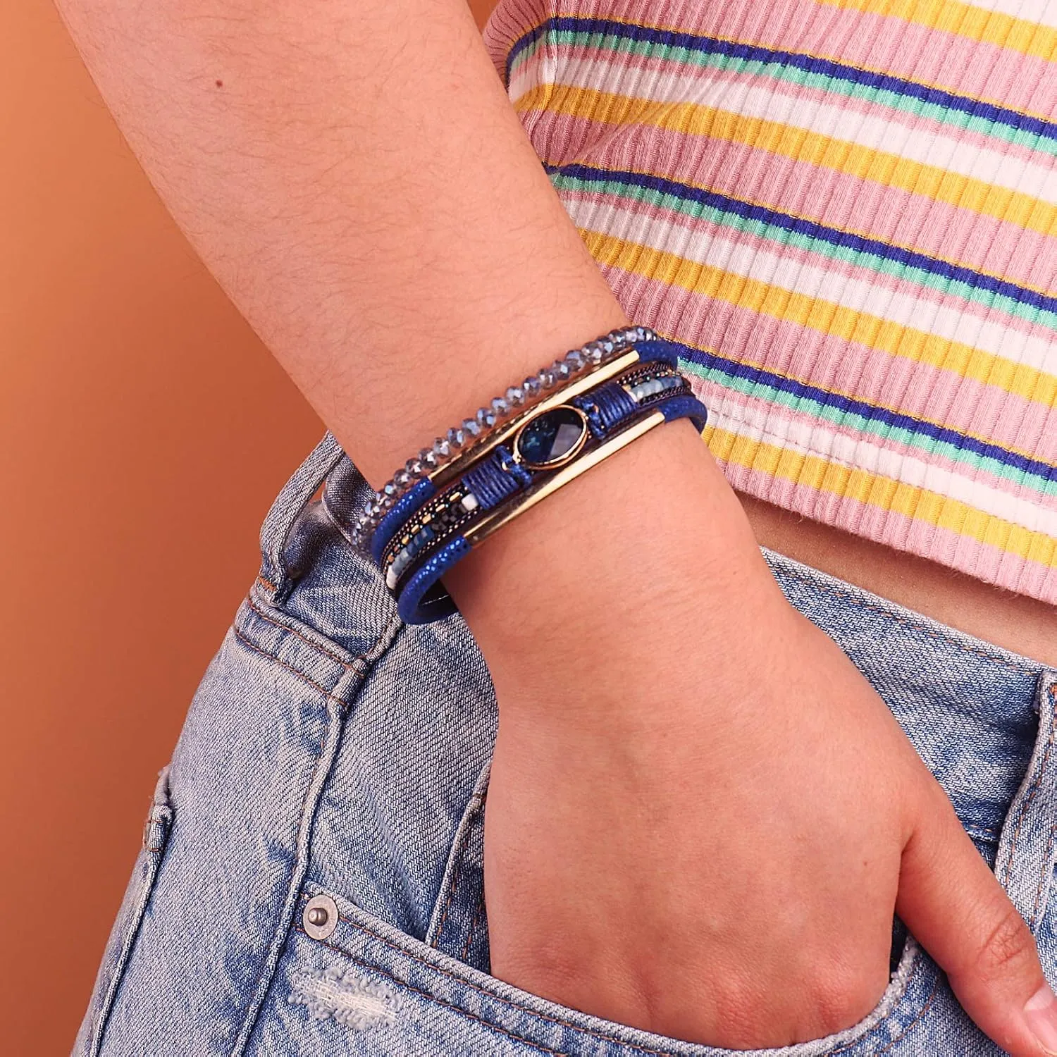FANCY SHINY Leather Wrap Bracelets Crystal Beads Bracelet Boho Cuff Stone Charm Bracelets with Clasp Costume Jewelry for Women