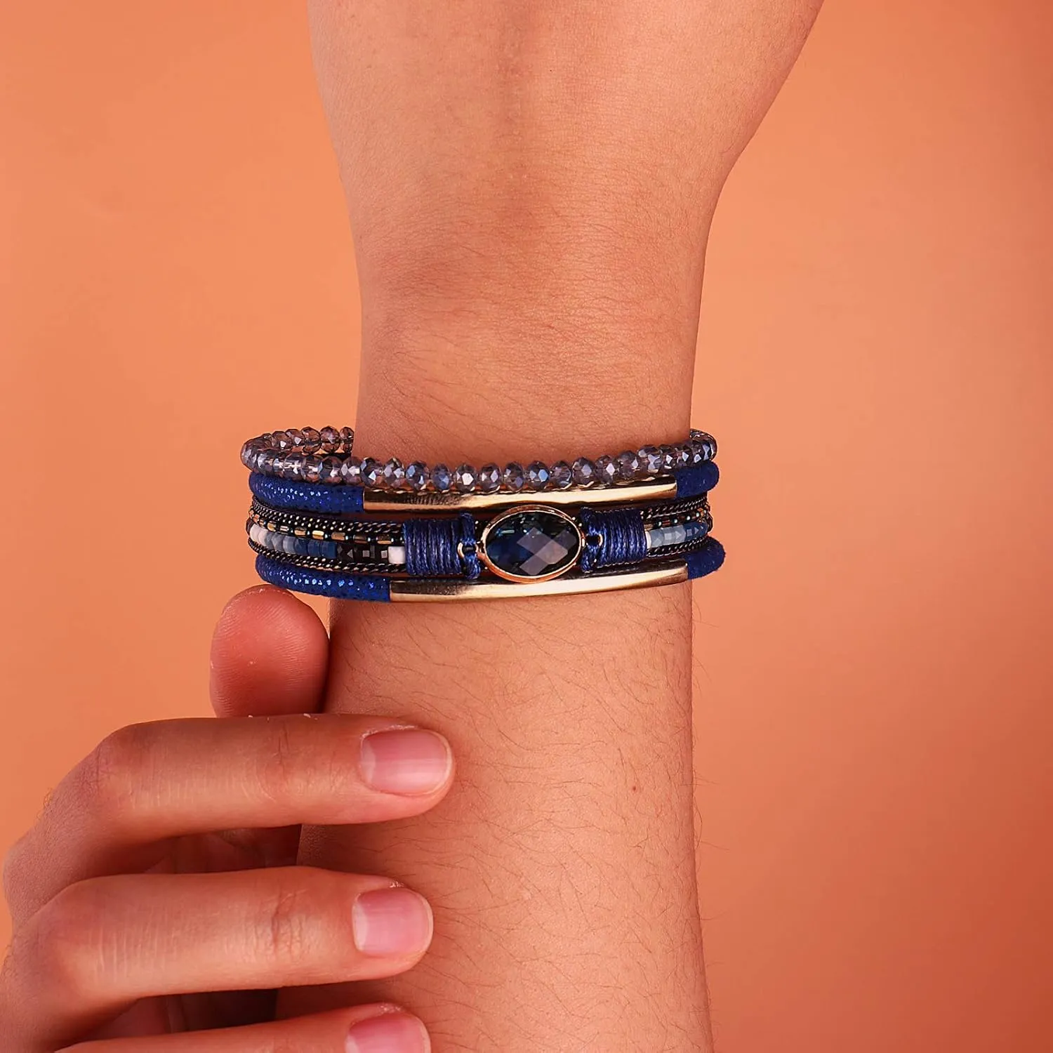 FANCY SHINY Leather Wrap Bracelets Crystal Beads Bracelet Boho Cuff Stone Charm Bracelets with Clasp Costume Jewelry for Women