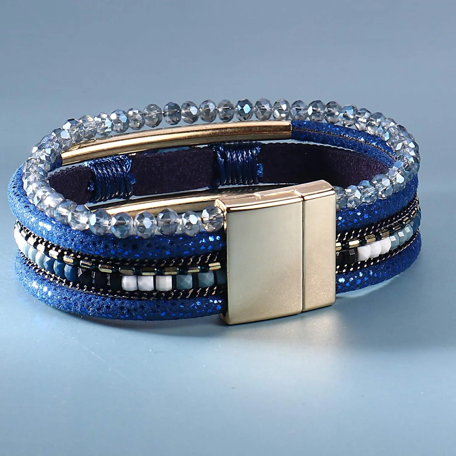 FANCY SHINY Leather Wrap Bracelets Crystal Beads Bracelet Boho Cuff Stone Charm Bracelets with Clasp Costume Jewelry for Women