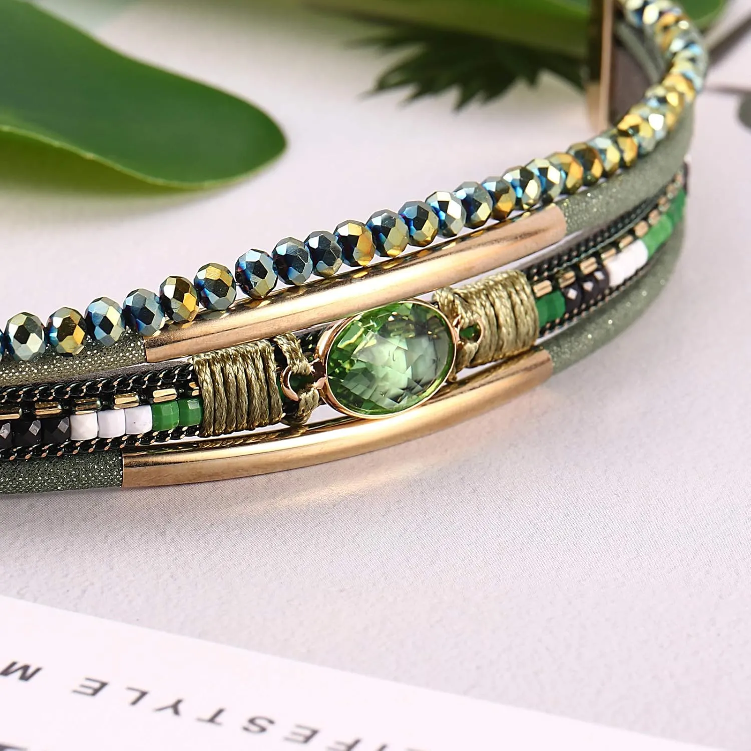 FANCY SHINY Leather Wrap Bracelets Crystal Beads Bracelet Boho Cuff Stone Charm Bracelets with Clasp Costume Jewelry for Women