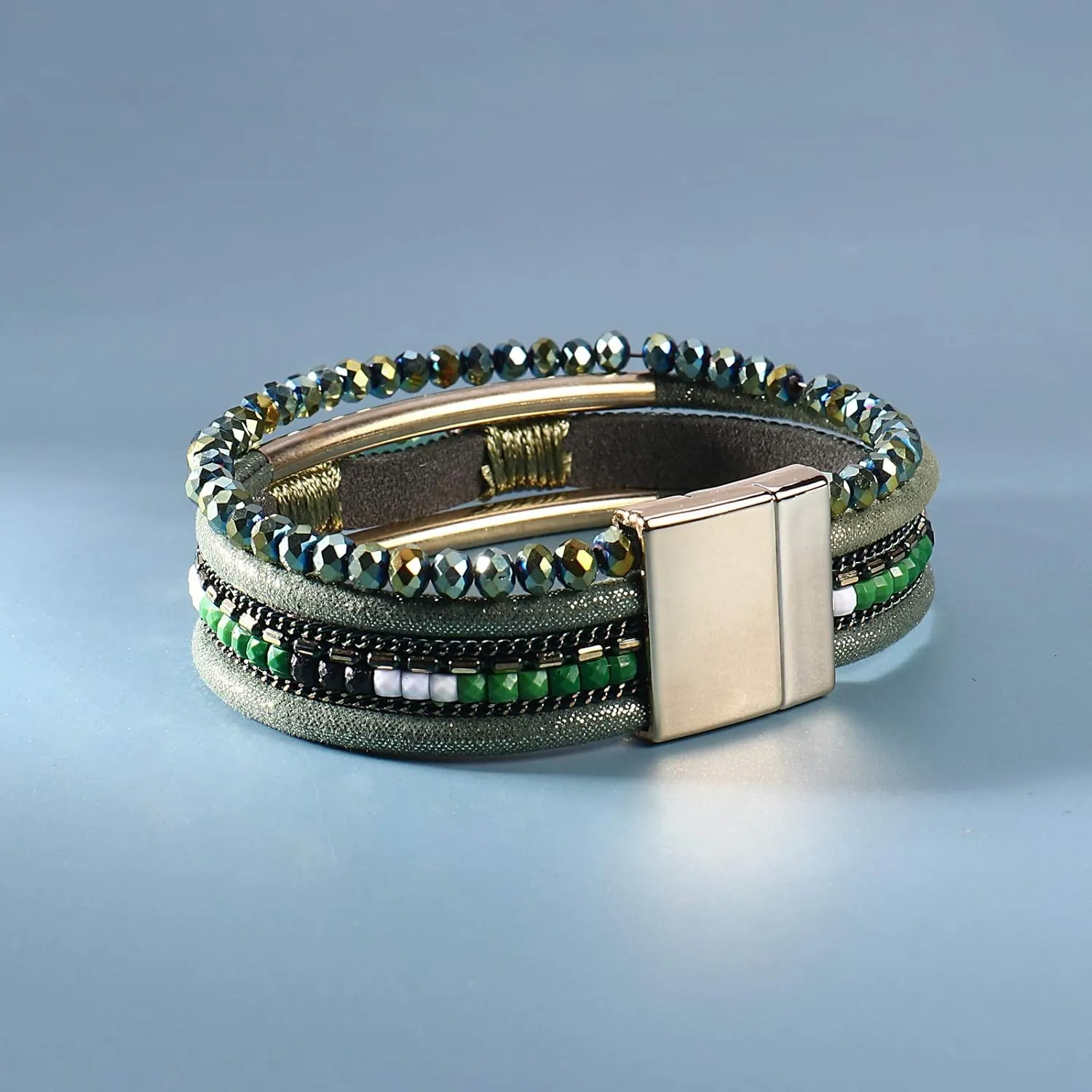 FANCY SHINY Leather Wrap Bracelets Crystal Beads Bracelet Boho Cuff Stone Charm Bracelets with Clasp Costume Jewelry for Women