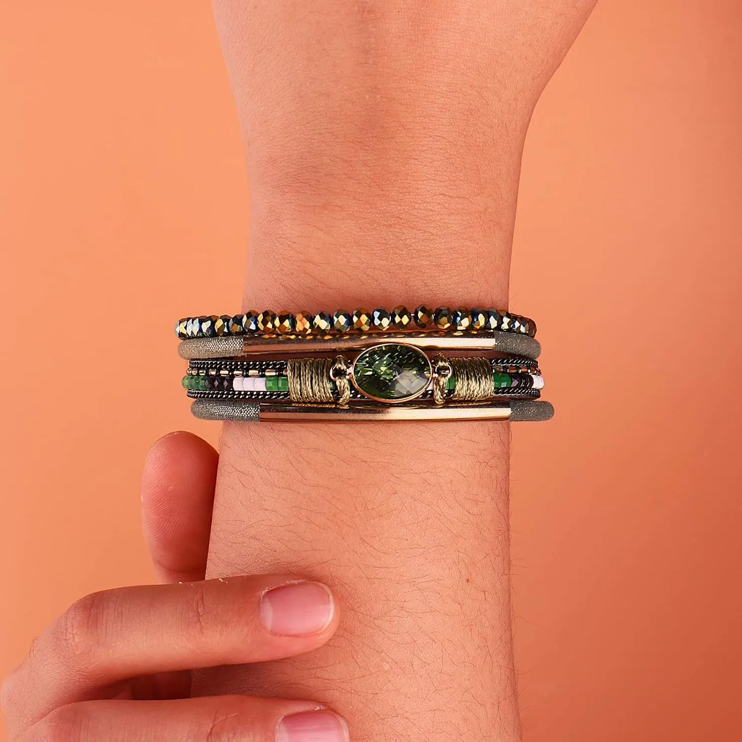 FANCY SHINY Leather Wrap Bracelets Crystal Beads Bracelet Boho Cuff Stone Charm Bracelets with Clasp Costume Jewelry for Women