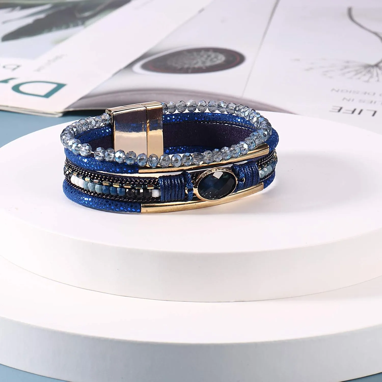 FANCY SHINY Leather Wrap Bracelets Crystal Beads Bracelet Boho Cuff Stone Charm Bracelets with Clasp Costume Jewelry for Women