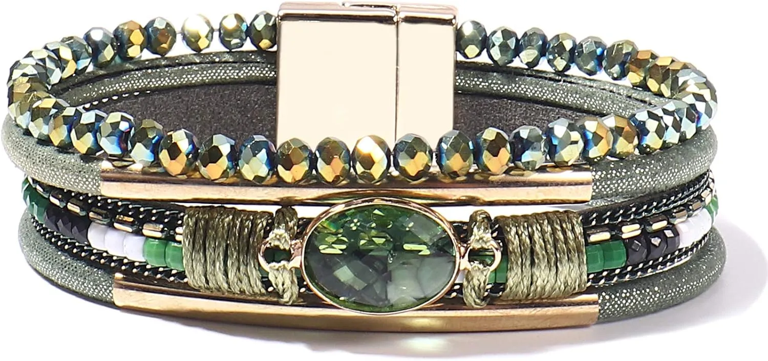 FANCY SHINY Leather Wrap Bracelets Crystal Beads Bracelet Boho Cuff Stone Charm Bracelets with Clasp Costume Jewelry for Women