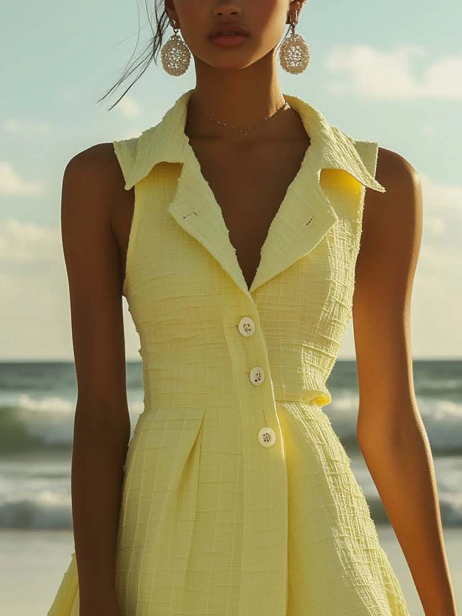 Fashionable Light Yellow Textured Fabric Mini Shirt Dress