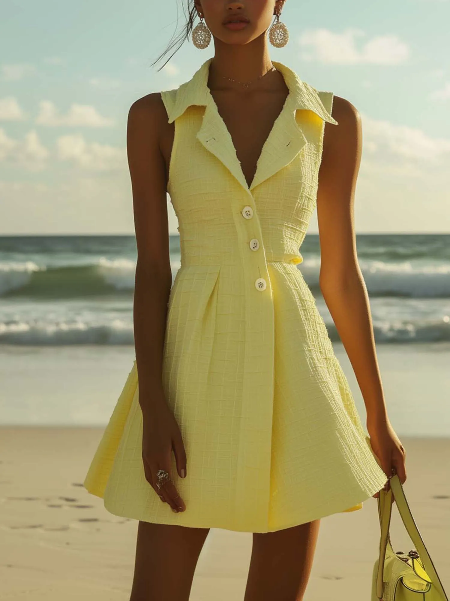 Fashionable Light Yellow Textured Fabric Mini Shirt Dress
