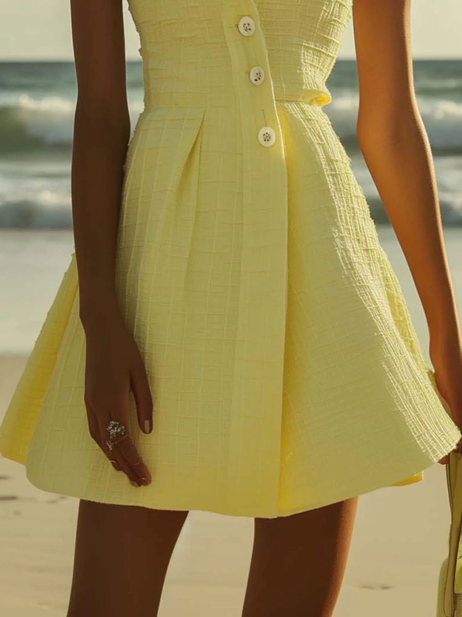 Fashionable Light Yellow Textured Fabric Mini Shirt Dress