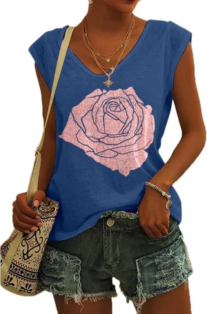 Fazortev Womens Cap Sleeve Blouses Rose Graphic Tees T-Shirt Casual V Neck Tank Tops Loose Fit Summer Basic Shirts