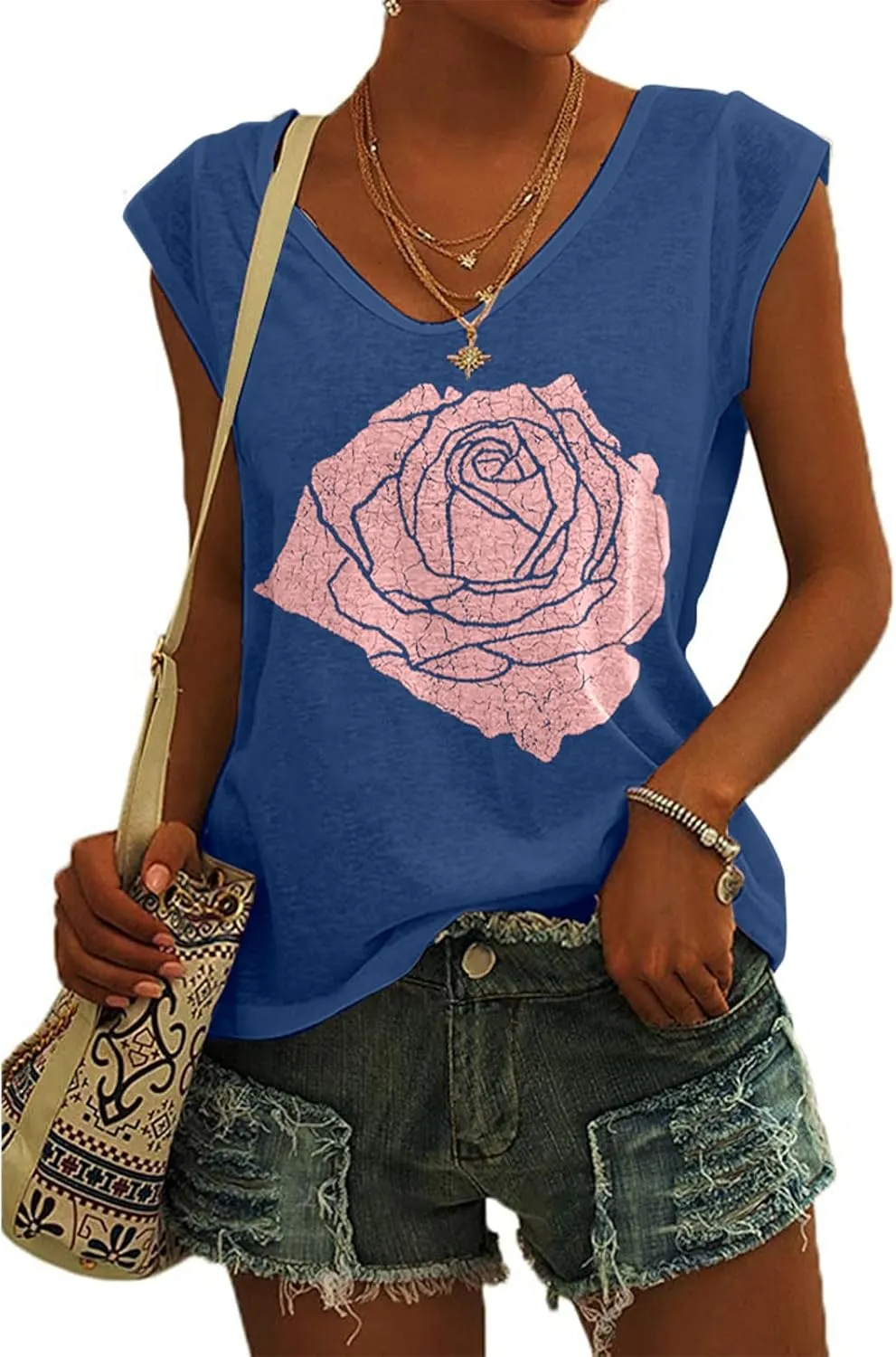 Fazortev Womens Cap Sleeve Blouses Rose Graphic Tees T-Shirt Casual V Neck Tank Tops Loose Fit Summer Basic Shirts