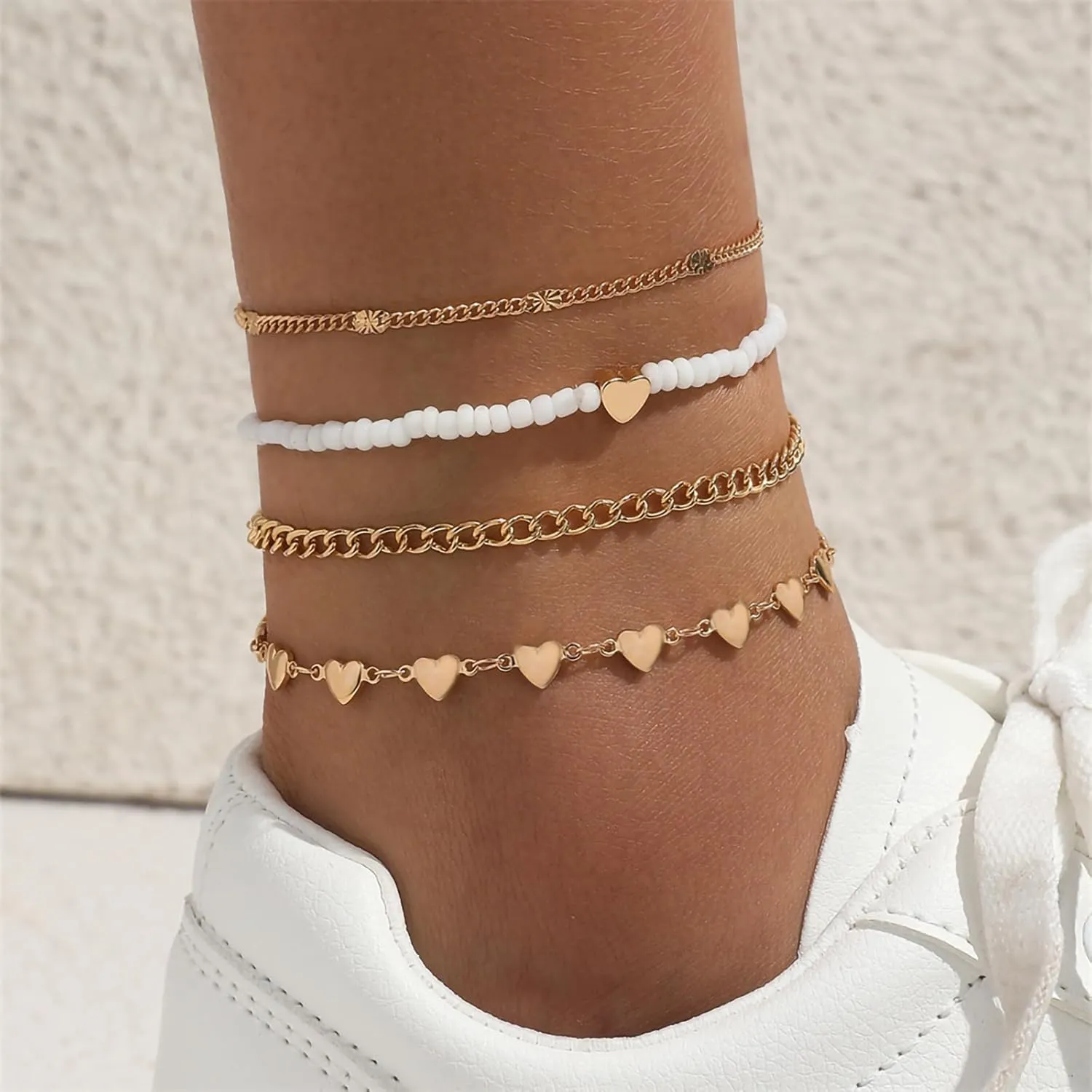 Fesciory Women Heart Anklet Adjustable Beach Layered Ankle Bracelets for Women Gold Alloy Foot Chain Jewelry