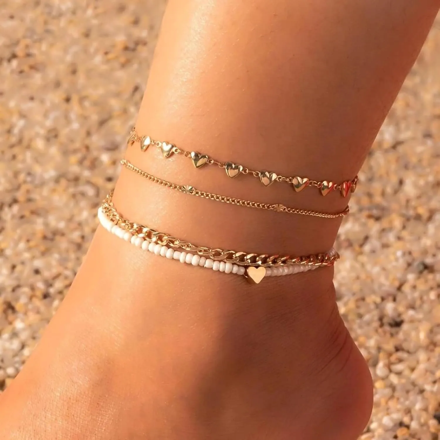 Fesciory Women Heart Anklet Adjustable Beach Layered Ankle Bracelets for Women Gold Alloy Foot Chain Jewelry
