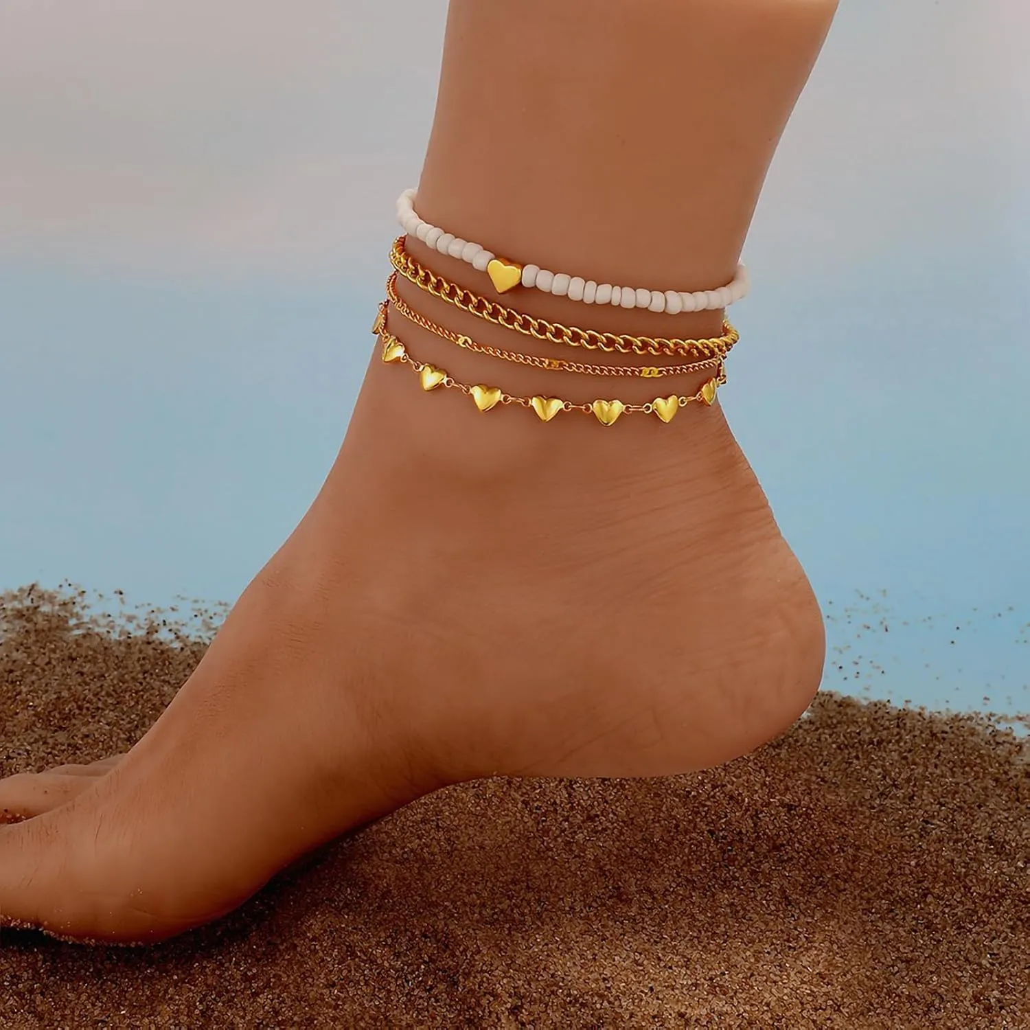 Fesciory Women Heart Anklet Adjustable Beach Layered Ankle Bracelets for Women Gold Alloy Foot Chain Jewelry
