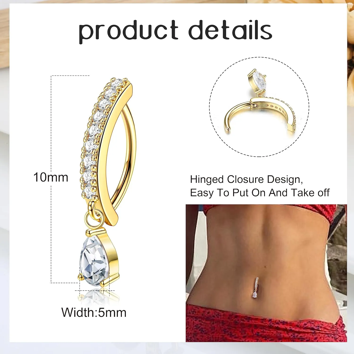 FIBO STEEL 14K Gold Plated Belly Button Rings for Women 316L Surgical Steel Clicker Belly Rings CZ Snake Flower Curved Reverse Navel Rings Belly Piercing Jewelry Barbell 14G