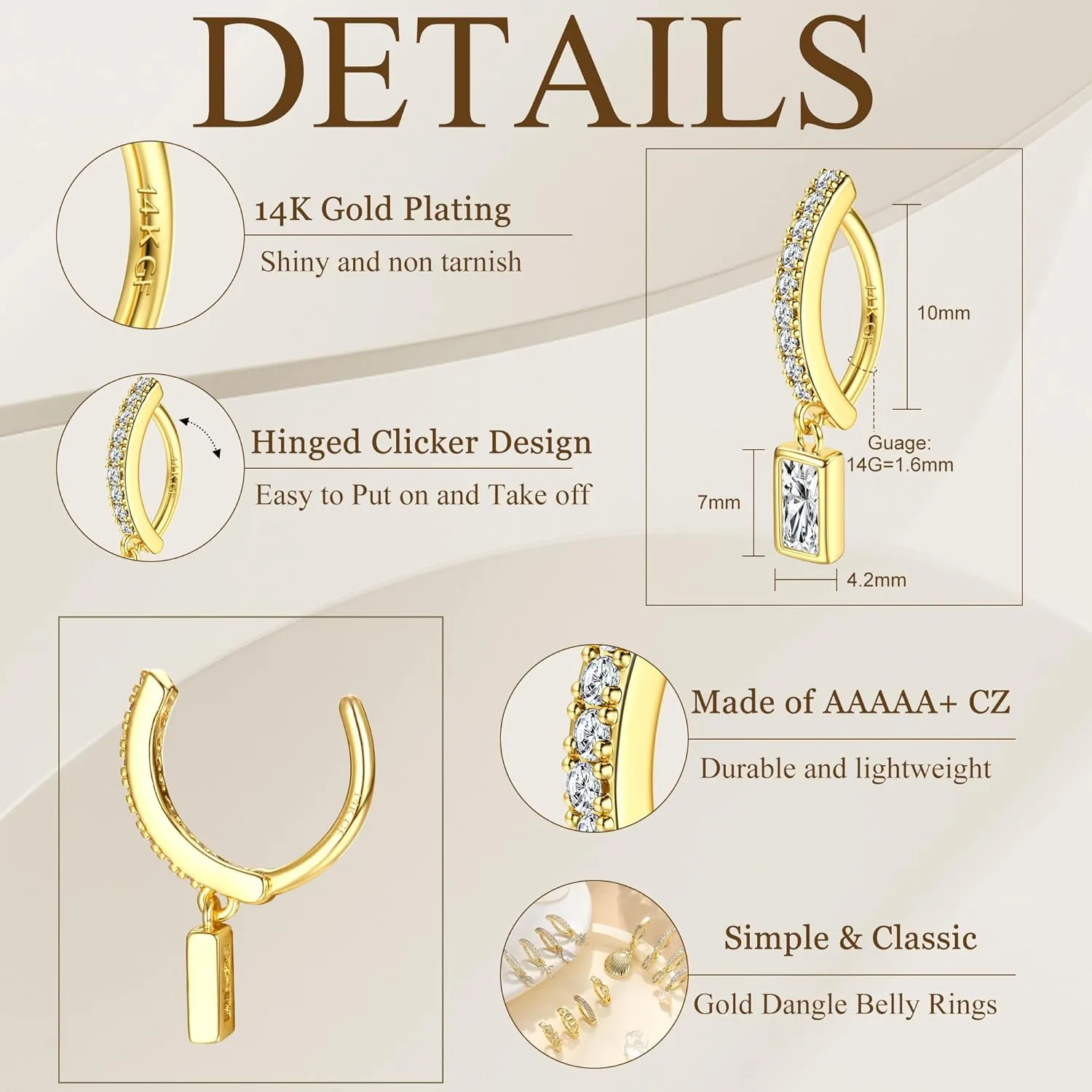 FIBO STEEL 14K Gold Plated Belly Button Rings for Women Clicker Dangle Belly Rings CZ Pearl Star Shells Barbell Navel Rings 316L Surgical Steel Belly Piercing Jewelry 14G