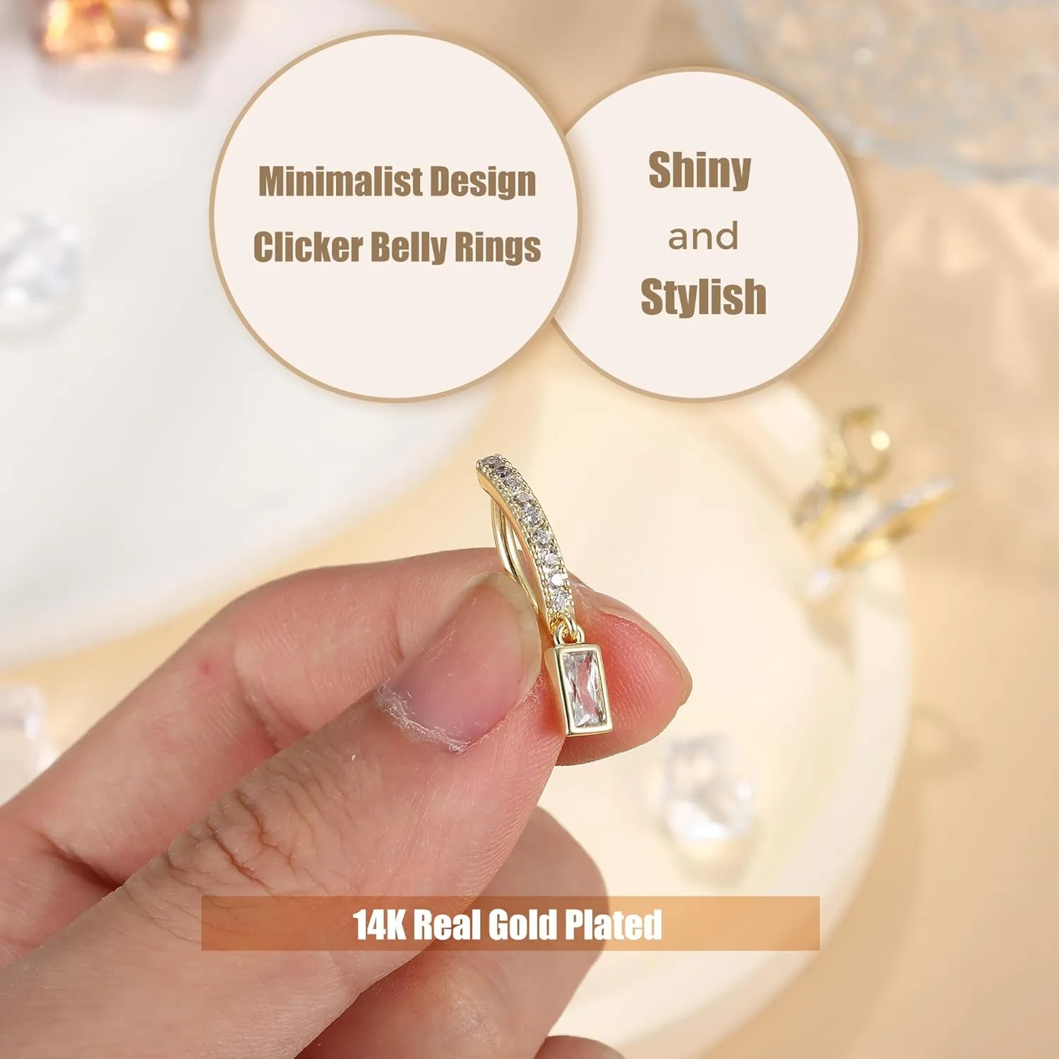 FIBO STEEL 14K Gold Plated Belly Button Rings for Women Clicker Dangle Belly Rings CZ Pearl Star Shells Barbell Navel Rings 316L Surgical Steel Belly Piercing Jewelry 14G