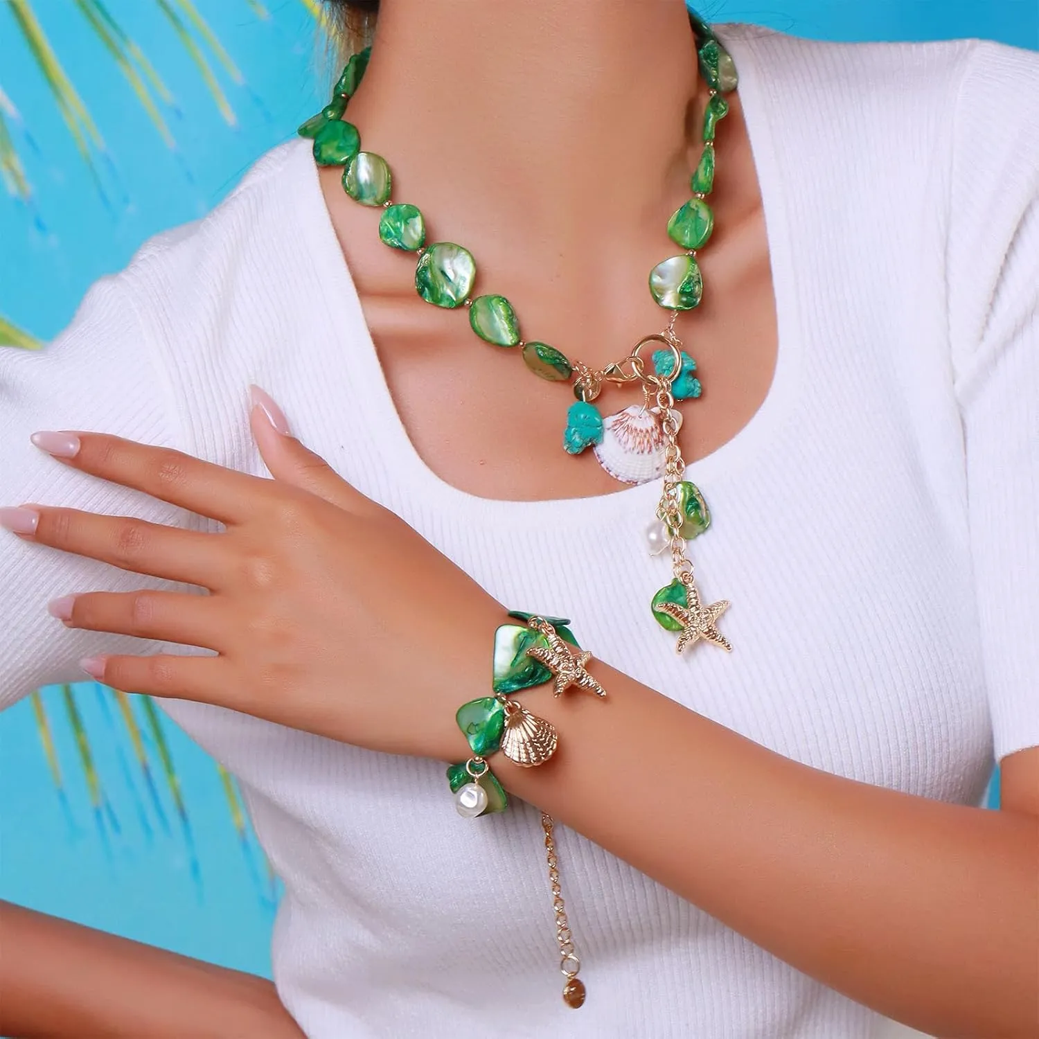 Firstmeet Natural Freshwater Shell Bracelet With Pearl Starfish Pendant Irregular Mother of Pearl Jewelry for Women