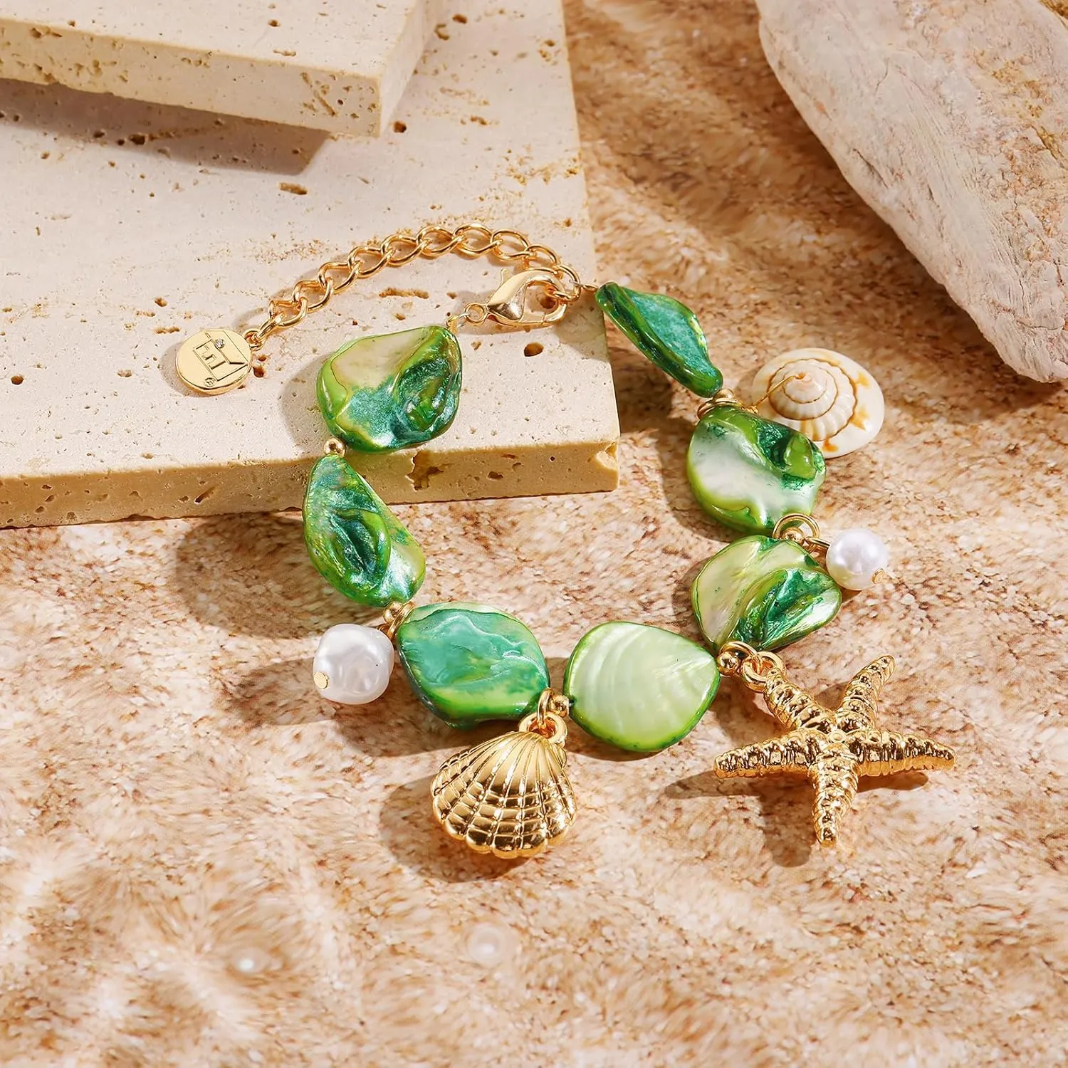 Firstmeet Natural Freshwater Shell Bracelet With Pearl Starfish Pendant Irregular Mother of Pearl Jewelry for Women