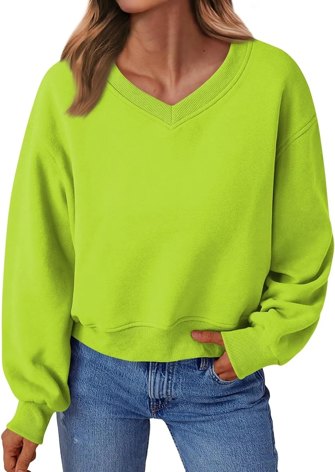 Fleece Pullover Women Oversized V Neck Cropped Sweatshirt Winter Casual Comfy Long Sleeve Sweaters Preppy Clothes