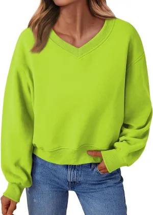 Fleece Pullover Women Oversized V Neck Cropped Sweatshirt Winter Casual Comfy Long Sleeve Sweaters Preppy Clothes