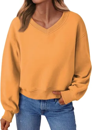 Fleece Pullover Women Oversized V Neck Cropped Sweatshirt Winter Casual Comfy Long Sleeve Sweaters Preppy Clothes