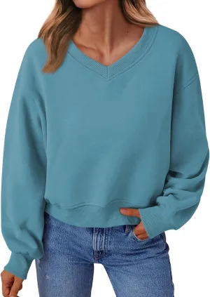 Fleece Pullover Women Oversized V Neck Cropped Sweatshirt Winter Casual Comfy Long Sleeve Sweaters Preppy Clothes