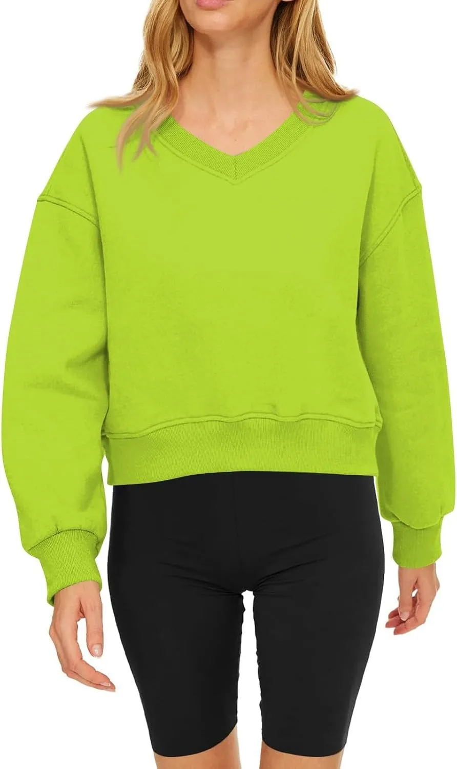 Fleece Pullover Women Oversized V Neck Cropped Sweatshirt Winter Casual Comfy Long Sleeve Sweaters Preppy Clothes
