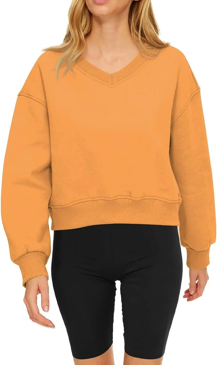 Fleece Pullover Women Oversized V Neck Cropped Sweatshirt Winter Casual Comfy Long Sleeve Sweaters Preppy Clothes