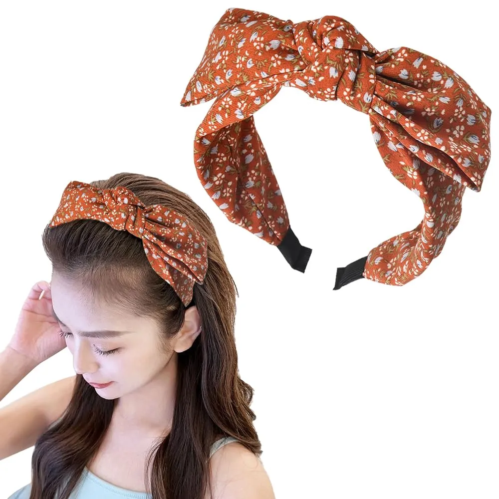 Floral Bow Headband Knotted Bow Headbands for Women Boho Floral Headband Bow Knot Headbands Head Bands for Women's Hair Non Slip with Bow Floral Print Headband Red Bowknot Headbands