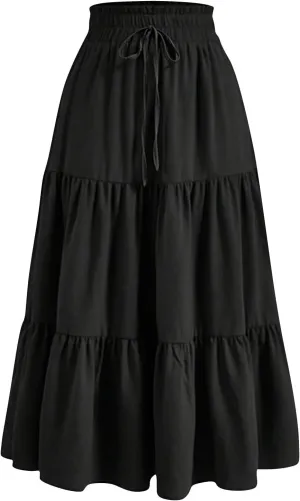 Floral Maxi Skirt for Women Summer Comfy Pleated Elastic High Waisted Skirts Vacation A-Line Flowy Swing Long Skirts