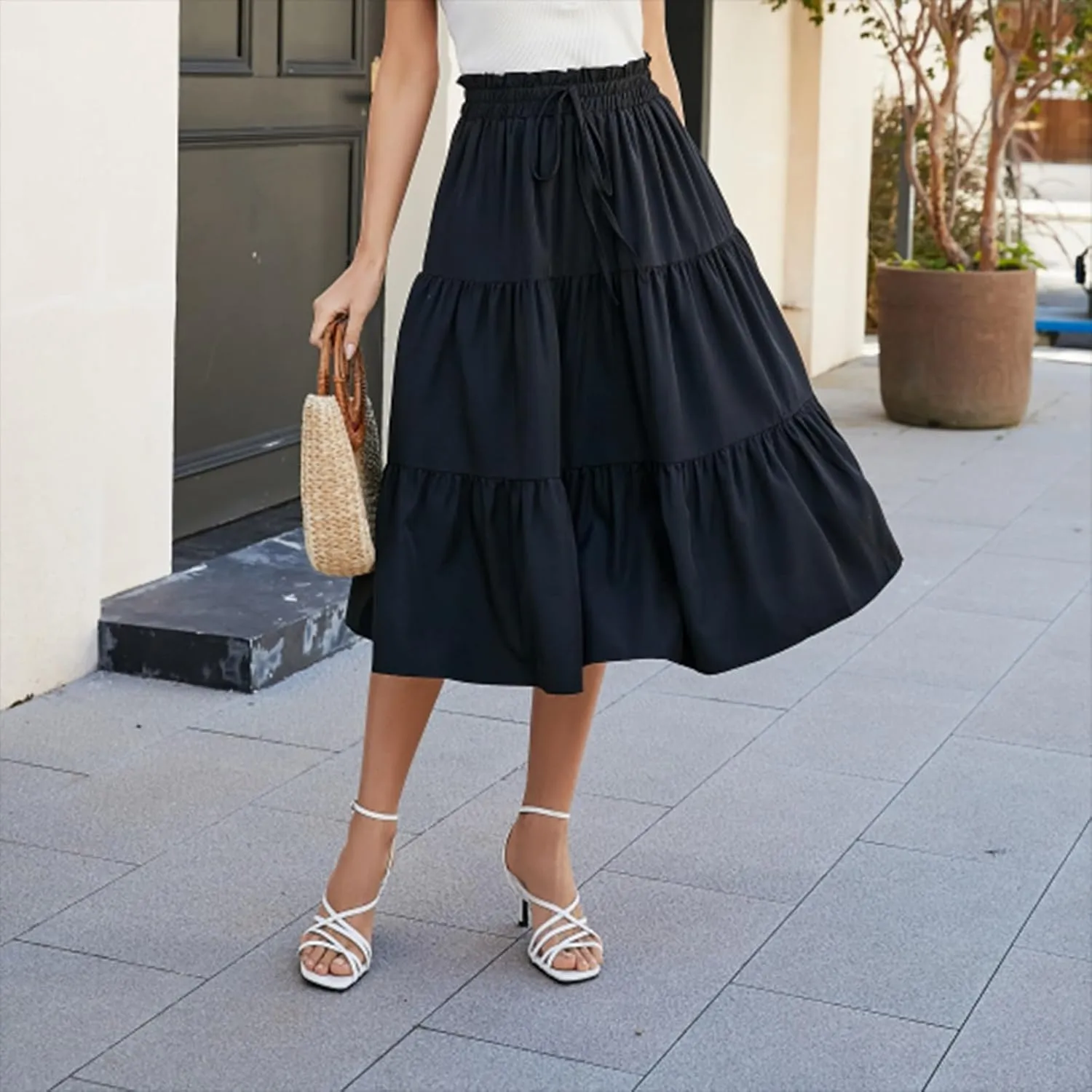 Floral Maxi Skirt for Women Summer Comfy Pleated Elastic High Waisted Skirts Vacation A-Line Flowy Swing Long Skirts