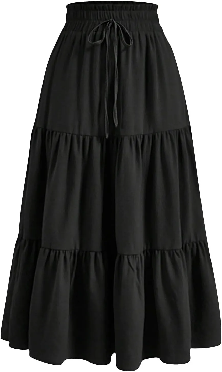 Floral Maxi Skirt for Women Summer Comfy Pleated Elastic High Waisted Skirts Vacation A-Line Flowy Swing Long Skirts