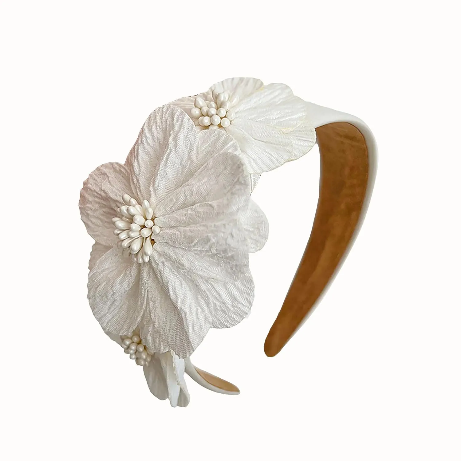 Flower Fashion Headbands Side Pearl Flower Hair Bands Fashion Double Flower Wide Fabric Hair Band Nonslip Hair Bands for Women and Girls Outdoor WearBeige