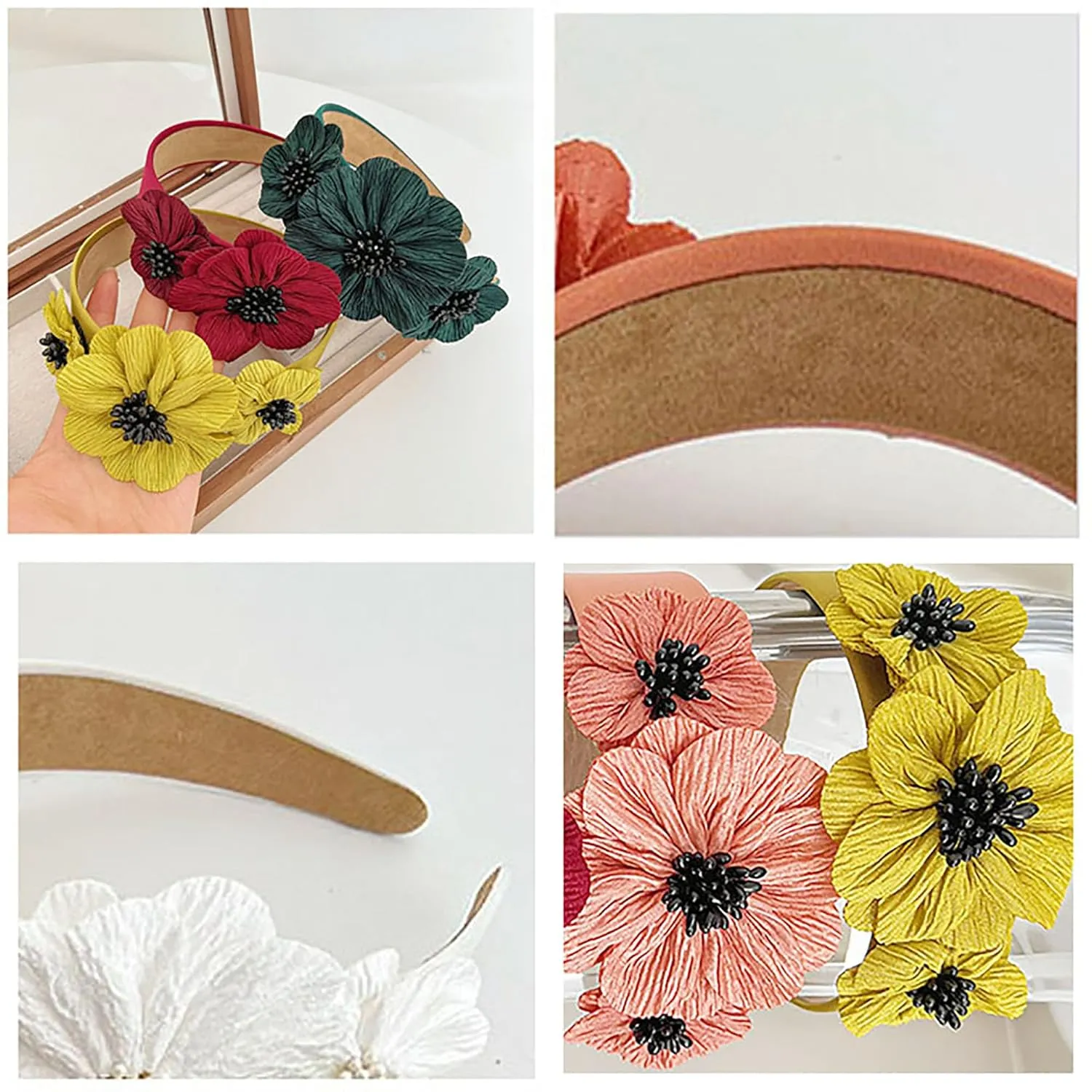 Flower Fashion Headbands Side Pearl Flower Hair Bands Fashion Double Flower Wide Fabric Hair Band Nonslip Hair Bands for Women and Girls Outdoor WearBeige