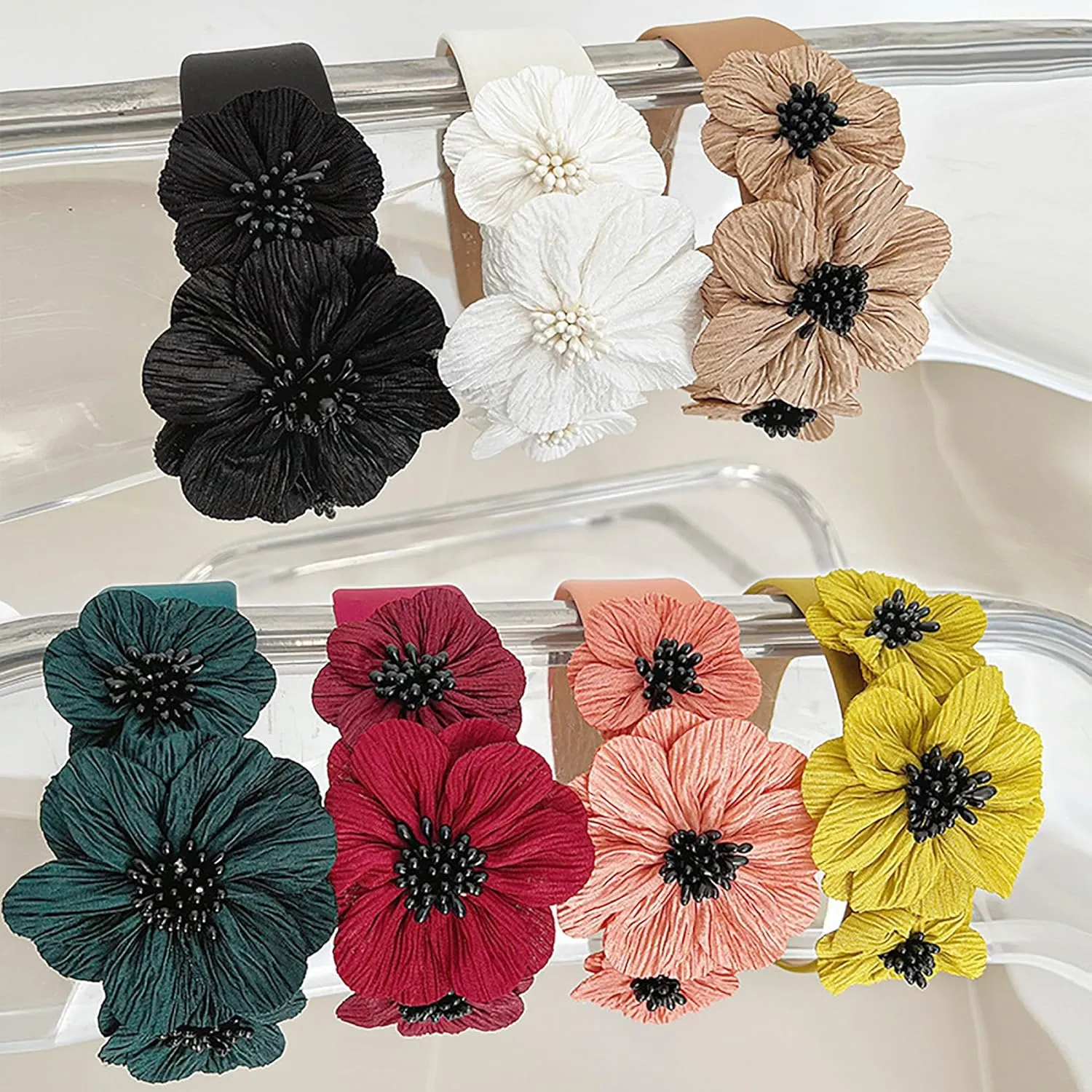 Flower Fashion Headbands Side Pearl Flower Hair Bands Fashion Double Flower Wide Fabric Hair Band Nonslip Hair Bands for Women and Girls Outdoor WearBeige