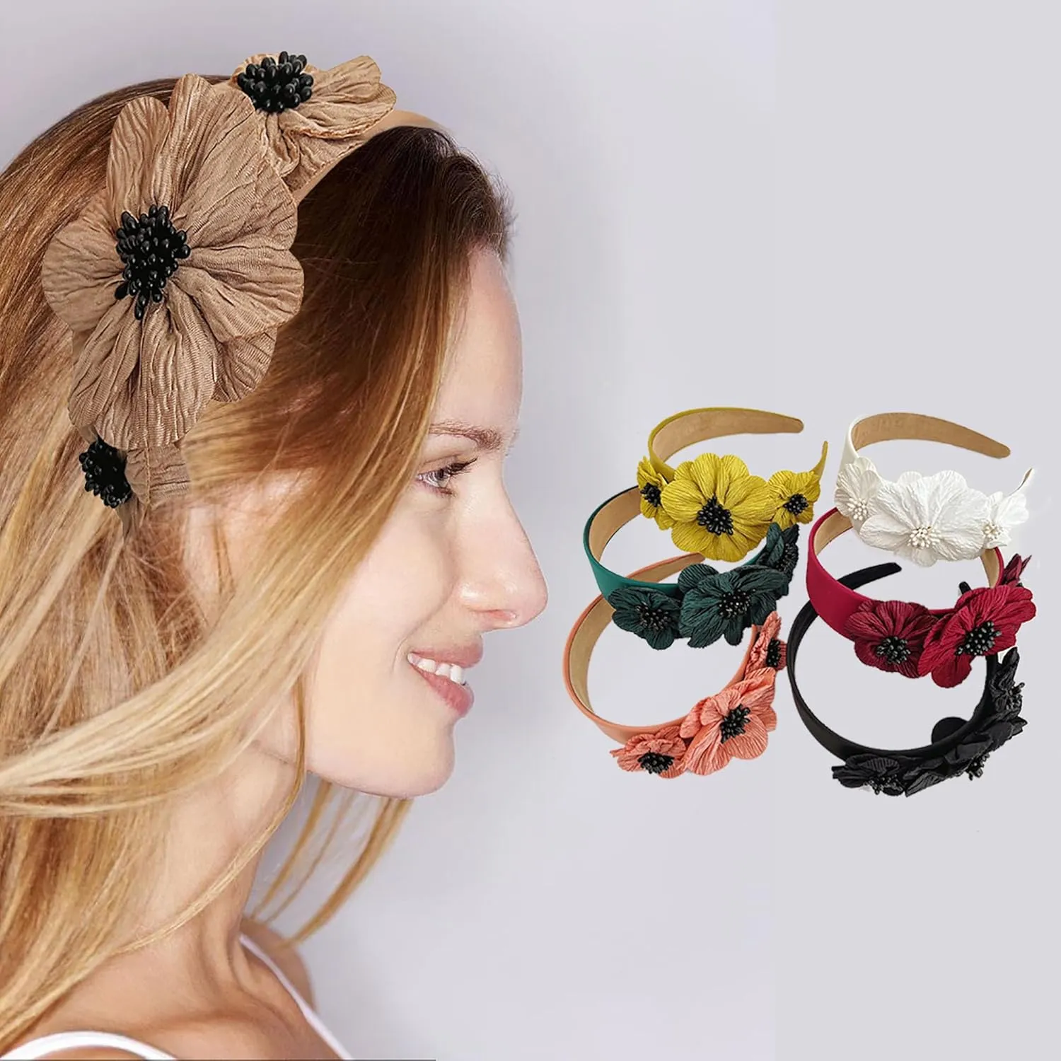 Flower Fashion Headbands Side Pearl Flower Hair Bands Fashion Double Flower Wide Fabric Hair Band Nonslip Hair Bands for Women and Girls Outdoor WearBeige
