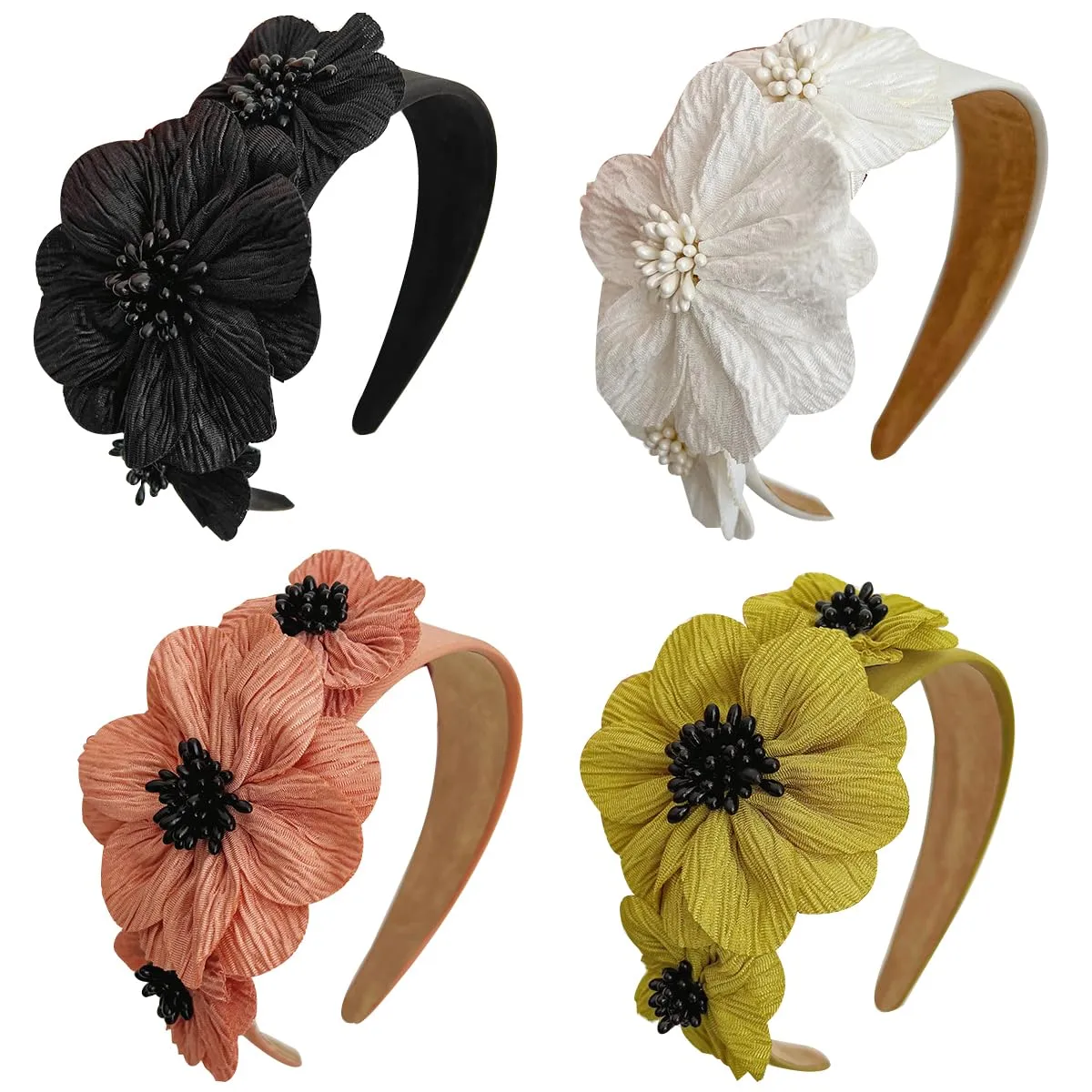 FZBNSRKO Flower Fashion Headband,4 Pcs Wide Fabric Headbands With Two Flowers,Non Slip Top Knotted Wide Headbands Wide Head Bands Hair Accessories for Women/Girls(black,rice white,pink,yellow)