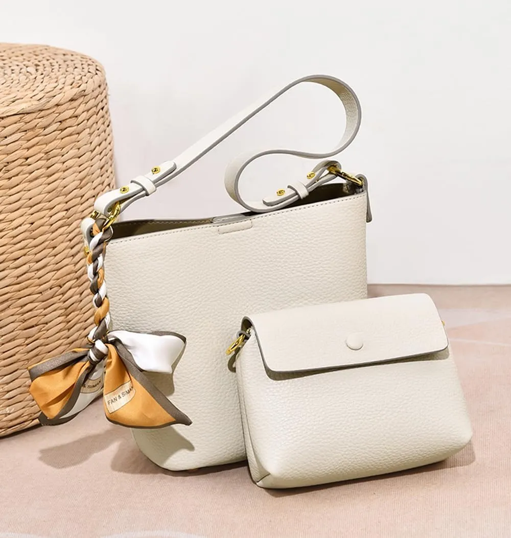 Genuine Leather Bucket Crossbody Bags for Women - Stylish Hobo Purses & Handbags - 2PCS Set in Yellow