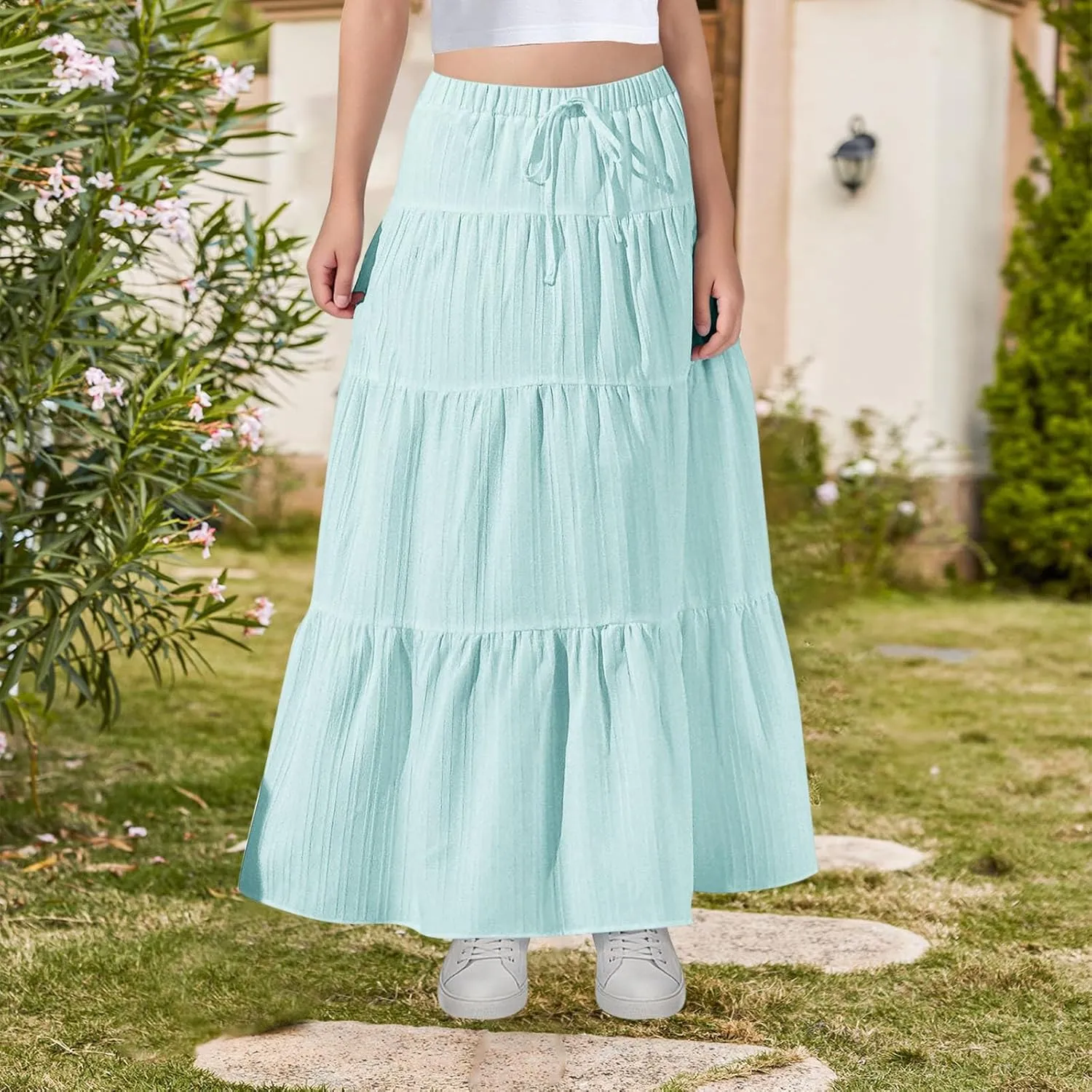 Girl's Long Skirt Summer Flowy Boho Maxi Tiered A-Line Elastic High Waist Pleated Beach Dress Ruffle Maxi Skirts Size 4-15 Y