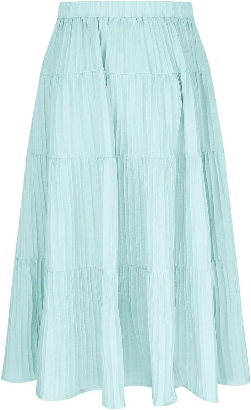 Girl's Long Skirt Summer Flowy Boho Maxi Tiered A-Line Elastic High Waist Pleated Beach Dress Ruffle Maxi Skirts Size 4-15 Y