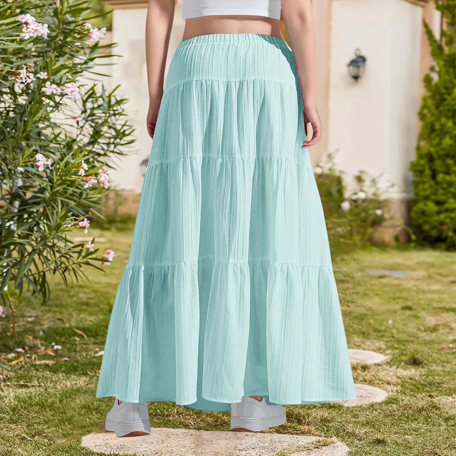 Girl's Long Skirt Summer Flowy Boho Maxi Tiered A-Line Elastic High Waist Pleated Beach Dress Ruffle Maxi Skirts Size 4-15 Y