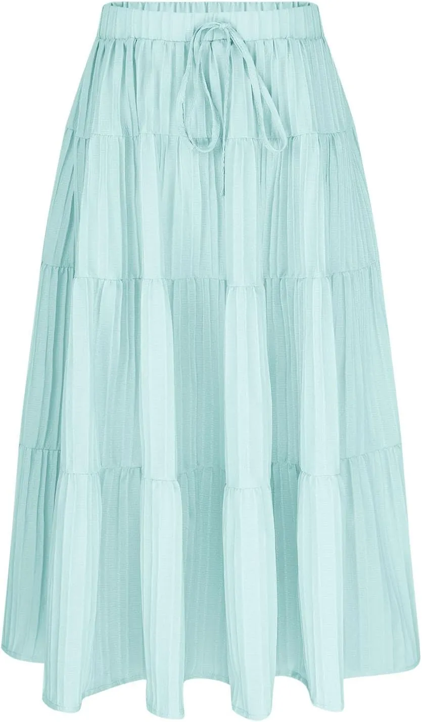 Girl's Long Skirt Summer Flowy Boho Maxi Tiered A-Line Elastic High Waist Pleated Beach Dress Ruffle Maxi Skirts Size 4-15 Y