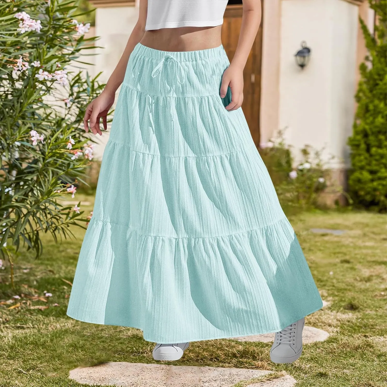 Girl's Long Skirt Summer Flowy Boho Maxi Tiered A-Line Elastic High Waist Pleated Beach Dress Ruffle Maxi Skirts Size 4-15 Y