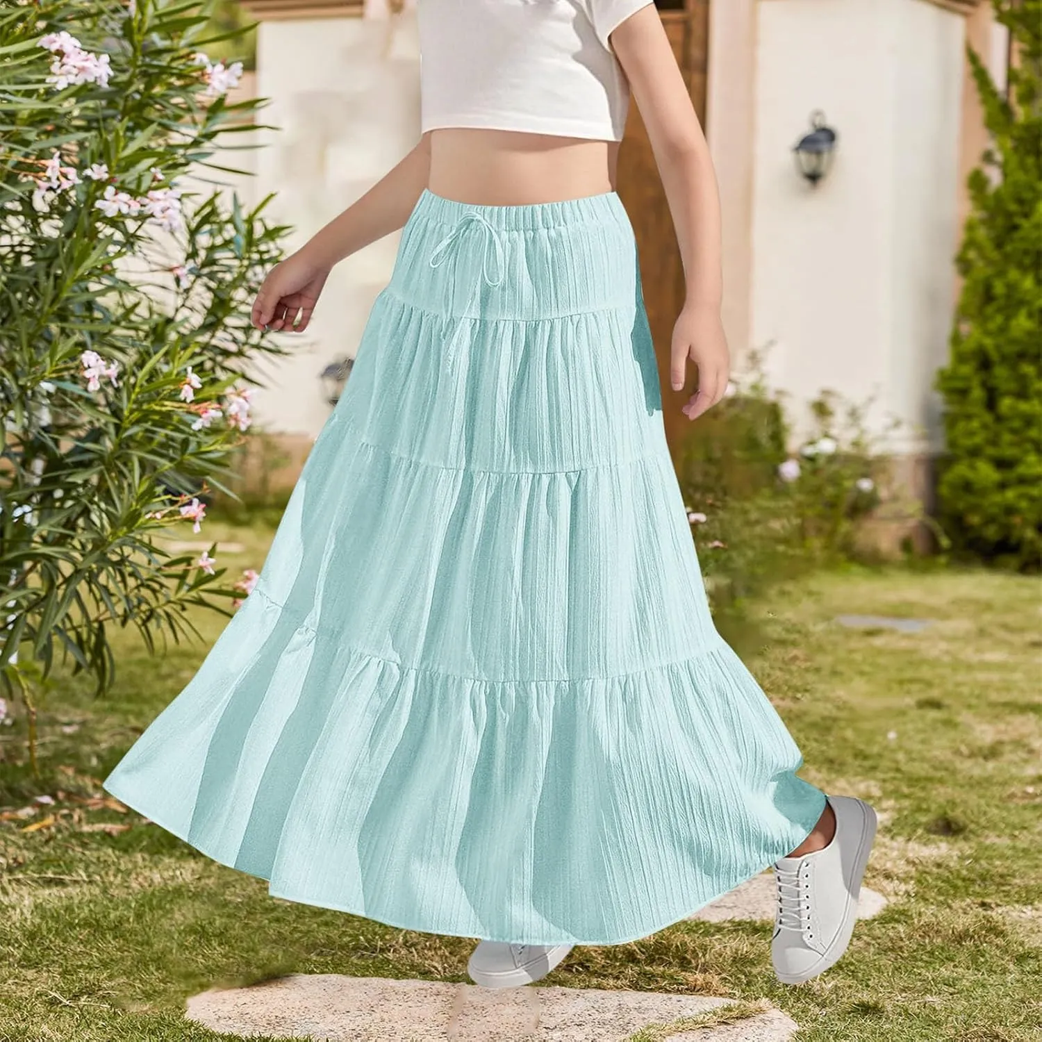Girl's Long Skirt Summer Flowy Boho Maxi Tiered A-Line Elastic High Waist Pleated Beach Dress Ruffle Maxi Skirts Size 4-15 Y