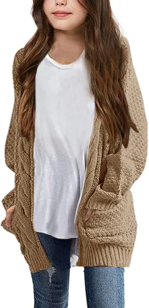 Girls Long Sleeve Cardigan Sweaters Open Front Cable Knit Chunky Cardigans Kids Oversized Cute Outerwear Coat