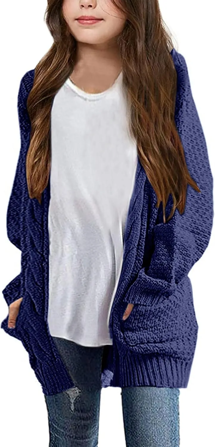 Girls Long Sleeve Cardigan Sweaters Open Front Cable Knit Chunky Cardigans Kids Oversized Cute Outerwear Coat