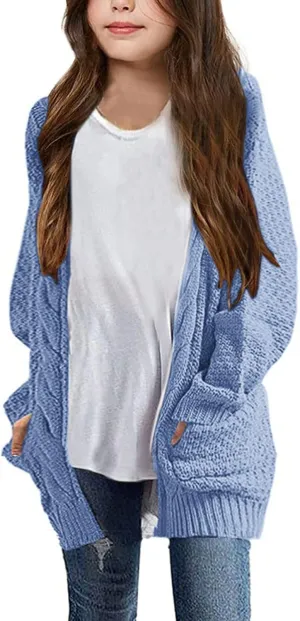 Girls Long Sleeve Cardigan Sweaters Open Front Cable Knit Chunky Cardigans Kids Oversized Cute Outerwear Coat