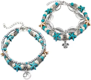 Gleamart Beach Turtle Anklet Boho Layered Handmade Adjustable Foot Chain for Women